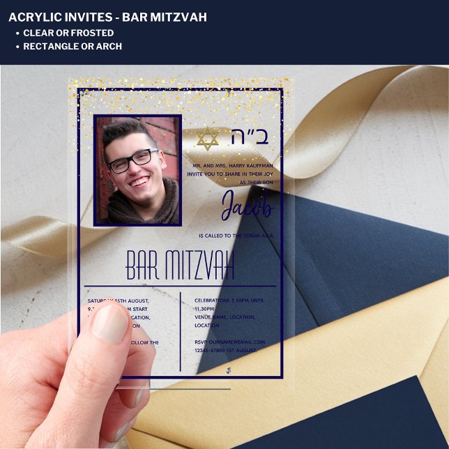 ACRYLIC BAR MITZVAH Photo Navy Gold Modern Elegant Acrylic Invitations (Creator Uploaded)