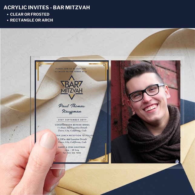 ACRYLIC BAR MITZVAH Photo Navy Gold Star David Acrylic Invitations (Creator Uploaded)
