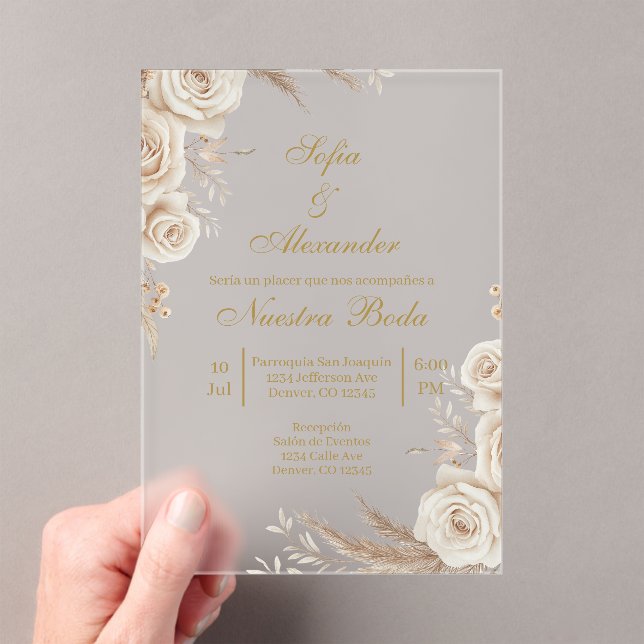 Acrylic Beige Boho floral Spanish Wedding Invitations (Insitu (Handheld))