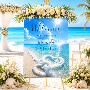 Acrylic Blue Ocean Waves Hearts Wedding Sign