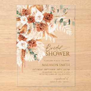 Acrylic Boho Floral Pampas Bridal Shower  Acrylic Invitations