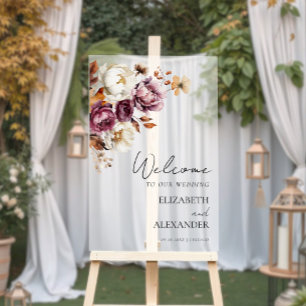 Acrylic Burgundy Floral Fall Wedding Party Sign