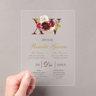 Acrylic Burgundy floral quinceañera invitation