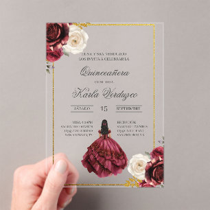 Acrylic burgundy quinceañera invitations
