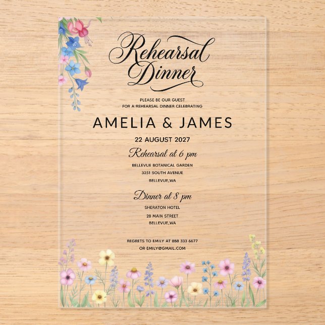 Acrylic Colourful wildflower  rehearsal dinner Invitations (Front)