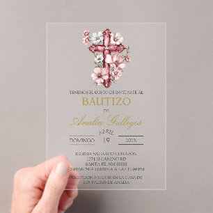 Acrylic Crucifix Spanish baptism Invitation