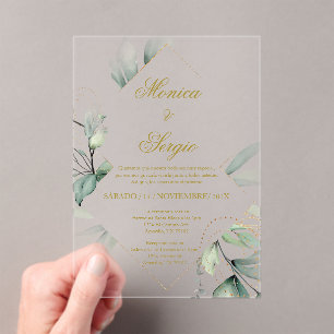 Acrylic Elegant Greenery Wedding Spanish  Invitations
