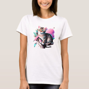 Acrylic Flower Cat Cute T-Shirt