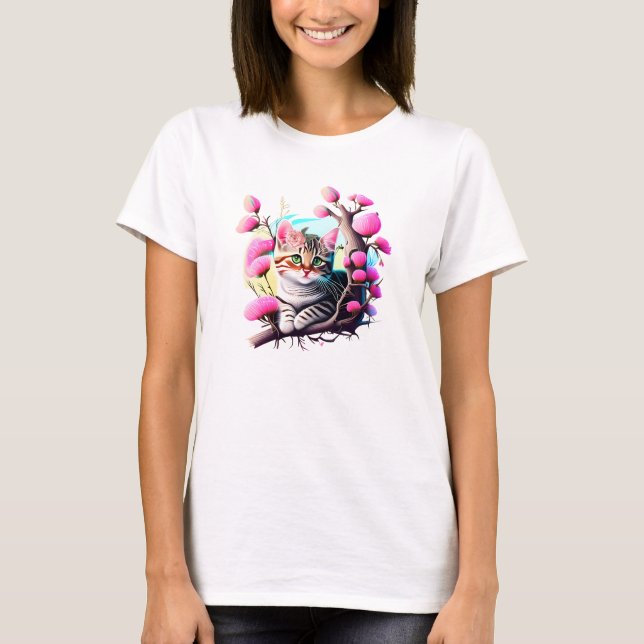 Acrylic Flower Cute Cat T-Shirt (Front)