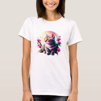Acrylic Flower Cute Cat T-Shirt