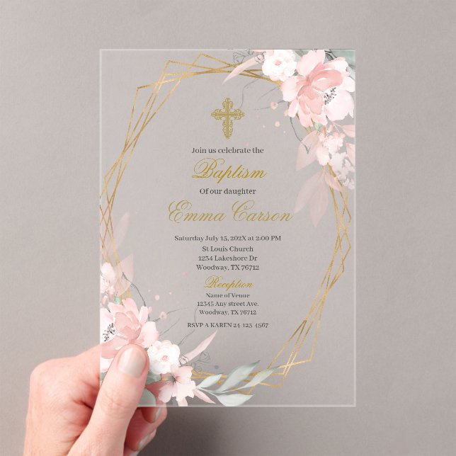 Acrylic Gold frame pink blush floral baptism Invitations (Insitu (Handheld))