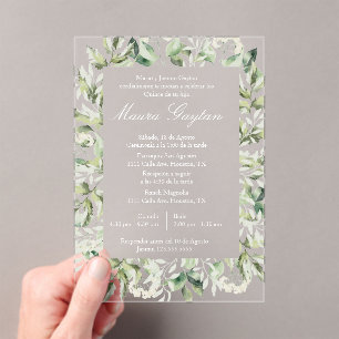 Acrylic greenery background quinceanera invitations