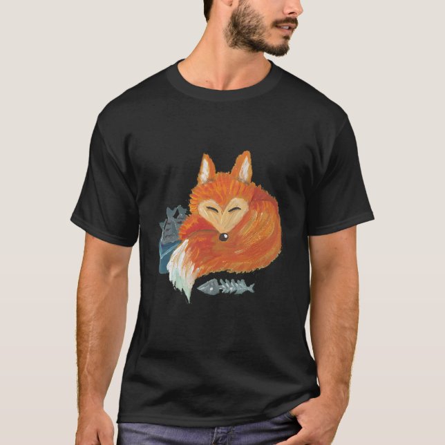 acrylic illustration of a sleeping fox with a buck T-Shirt (Front)