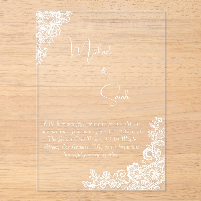 Acrylic Modern Minimalist Lace Wedding Invitation (Front)