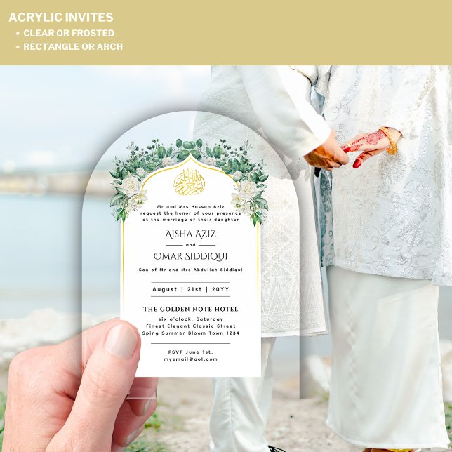 ACRYLIC NIKAH WALIMA White Roses Gold Elegant Invitations (Creator Uploaded)