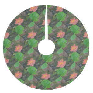Acrylic on canvas, pink water lily flower brushed polyester tree skirt