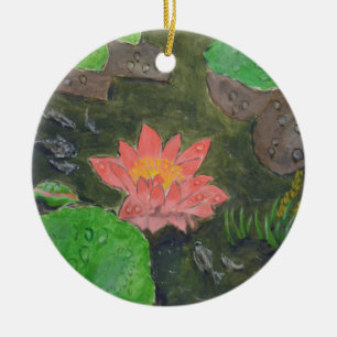 Acrylic on canvas, pink water lily flower ceramic tree decoration