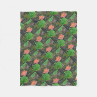 Acrylic on canvas, pink waterlily and green leaves fleece blanket