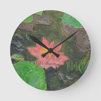 Acrylic on canvas, pink waterlily and green leaves round clock