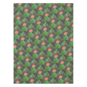 Acrylic on canvas, pink waterlily and green leaves tablecloth