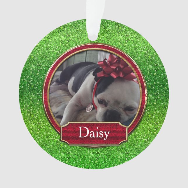 Acrylic Ornament Photo FAUX Green Red Sparkle (Front)