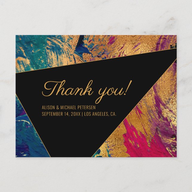 Acrylic painted red blue black wedding thank you postcard (Front)