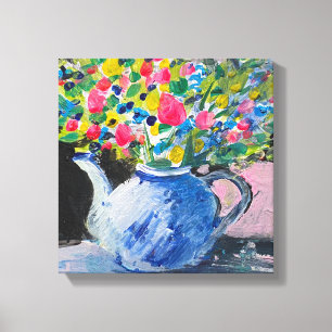 Acrylic painting, colourful flowers in the teapot canvas print