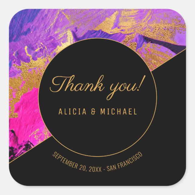 Acrylic painting purple gold wedding thank you square sticker (Front)
