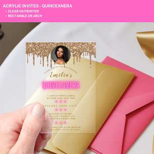 ACRYLIC PHOTO Quinceanera Hot Pink Gold Quince Acrylic Invitations