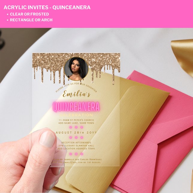 ACRYLIC PHOTO Quinceanera Hot Pink Gold Quince Acrylic Invitations (Creator Uploaded)