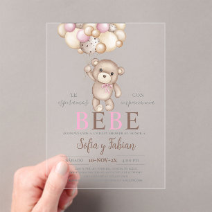 Acrylic Pink Bear Baby Shower Girl Spanish Invitations