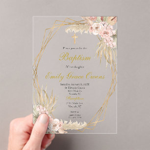 Acrylic pink boho baptism invitations