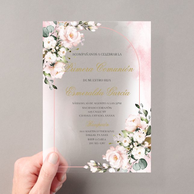 Acrylic pink floral first communion in spanish invitations (Insitu (Handheld))