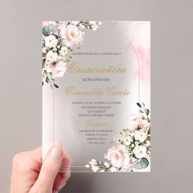Acrylic pink floral quinceañera acrylic invitations (Insitu (Handheld))