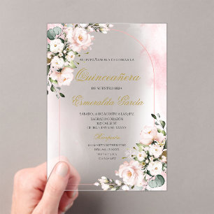 Acrylic pink floral quinceañera invitations