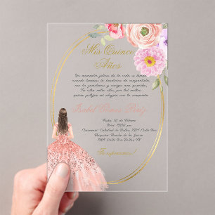 Acrylic pink theme quinceañera  invitations