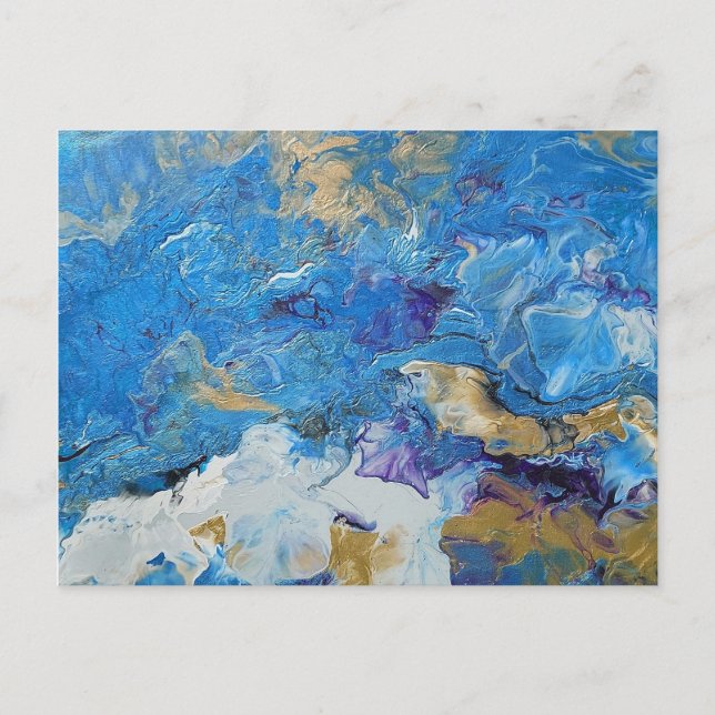 Acrylic pour abstract Blues and Gold 1 Postcard (Front)