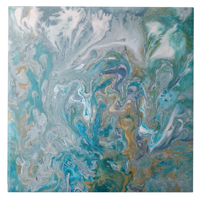 Acrylic pour abstract turquoise coast tile (Front)