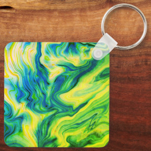 Acrylic Pour, Blue, Green, Yellow / Key Ring