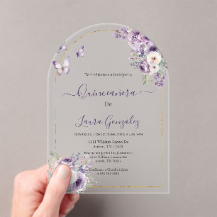 Acrylic purple theme quinceañera  invitations