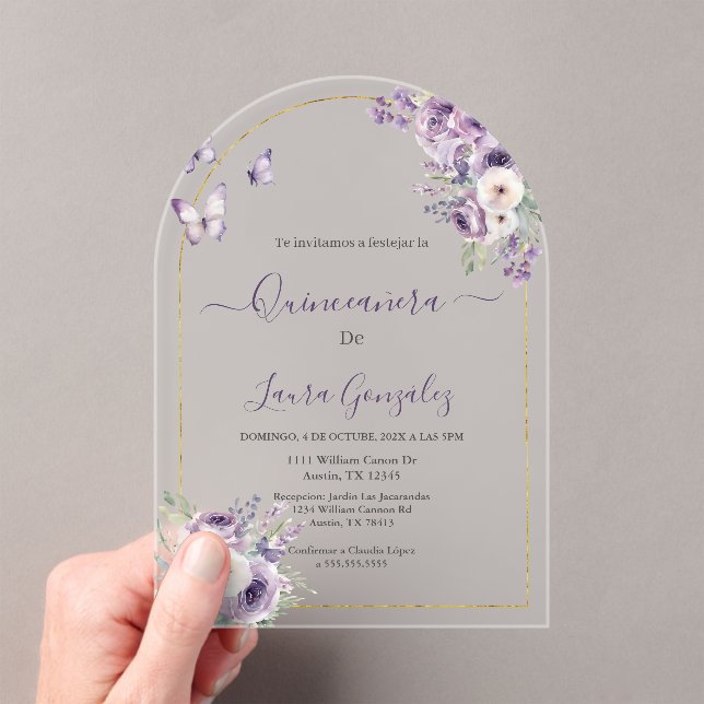 Acrylic purple theme quinceañera  invitations (Insitu (Handheld))
