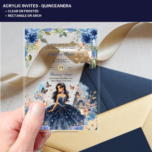 ACRYLIC Quinceanera Blue Floral Dress Quince Acrylic Invitations