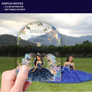 ACRYLIC Quinceanera Blue Floral Dress Quince Invitations