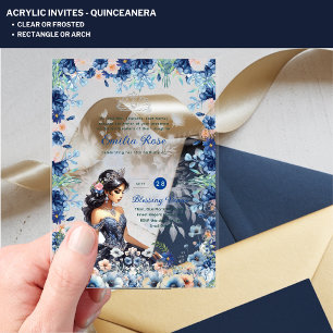 ACRYLIC Quinceanera Blue Floral Dress Quince Invitations