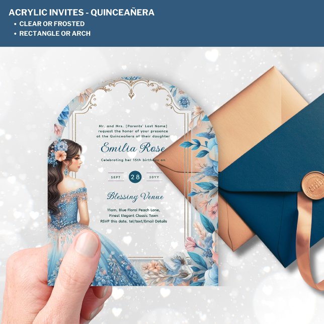 ACRYLIC Quinceañera Blue Silver Peach Dress Floral Acrylic Invitations (Creator Uploaded)