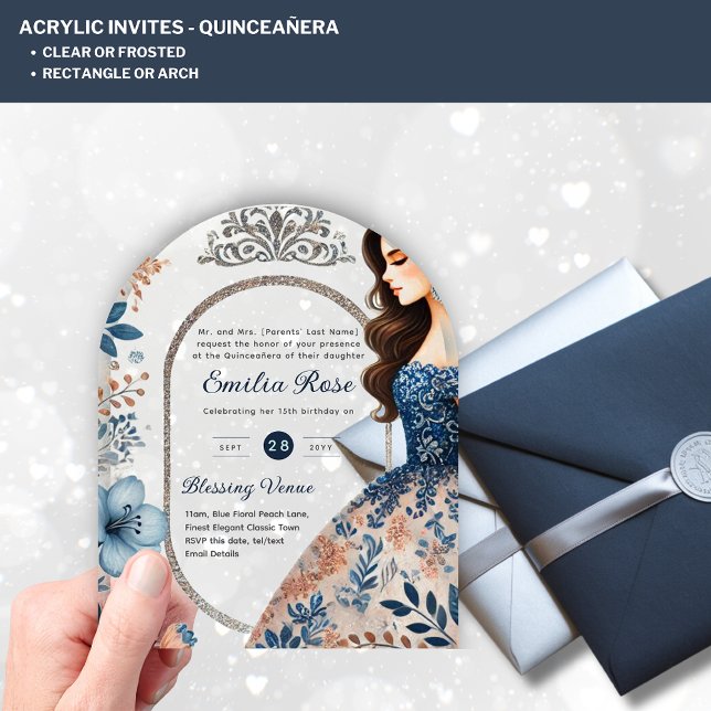 ACRYLIC Quinceañera Blue Silver Peach Dress Floral Invitations (Creator Uploaded)