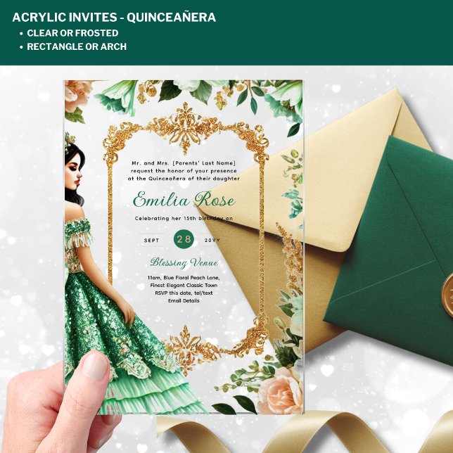 ACRYLIC Quinceañera Emerald GREEN Gold Dress Acrylic Invitations (Creator Uploaded)