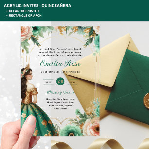 ACRYLIC Quinceañera Emerald GREEN GOLD Dress Acrylic Invitations