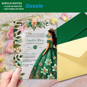 ACRYLIC Quinceañera Emerald GREEN Gold Dress Invitations