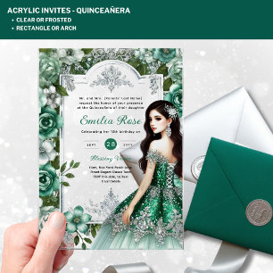 ACRYLIC Quinceañera Emerald GREEN Silver Dress Acrylic Invitations